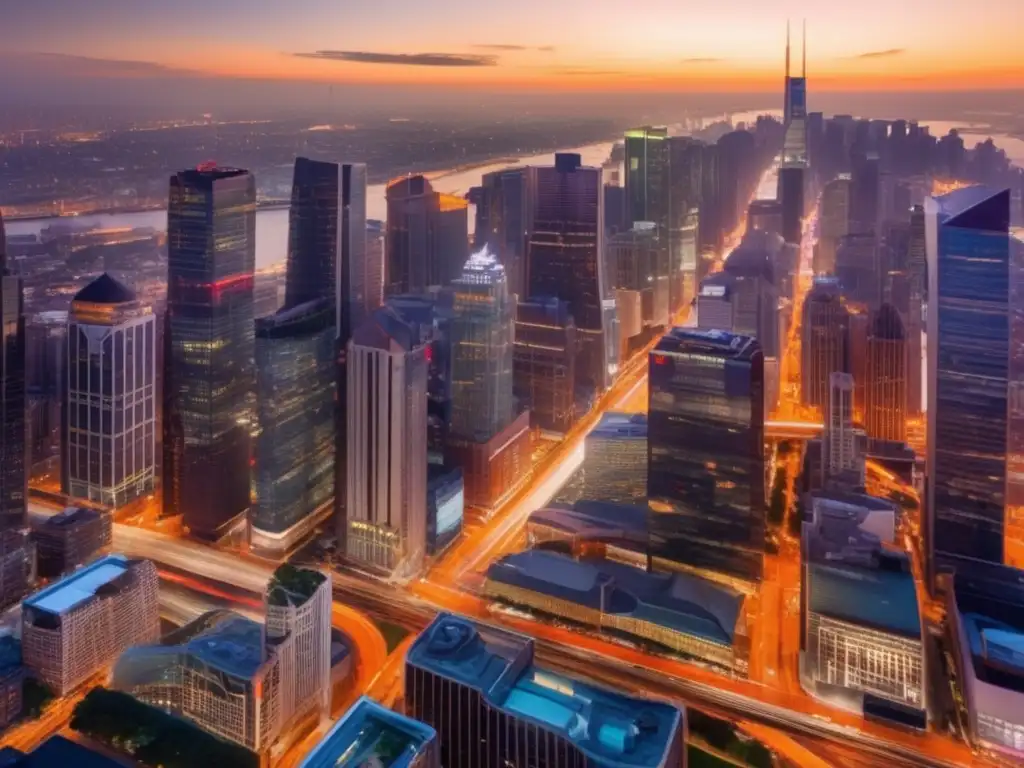 Ciudad en crepúsculo, bulliciosa y moderna Pensamiento estratégico para inversiones rápidas en una bulliciosa ciudad al atardecer con rascacielos, vehículos y profesionales