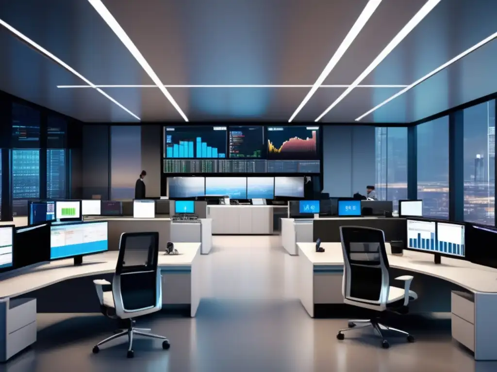 Trading floor moderno y dinámico Pensamiento estratégico para inversiones rápidas en una moderna sala de trading con oficinas acristaladas y traders en acción
