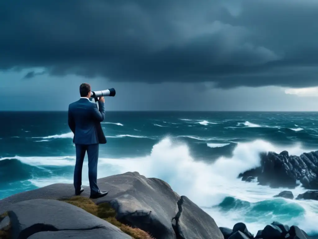 Persona analizando mercado en tormenta Persona en acantilado observando mar tormentoso con telescopio: Psicología inversión en crisis