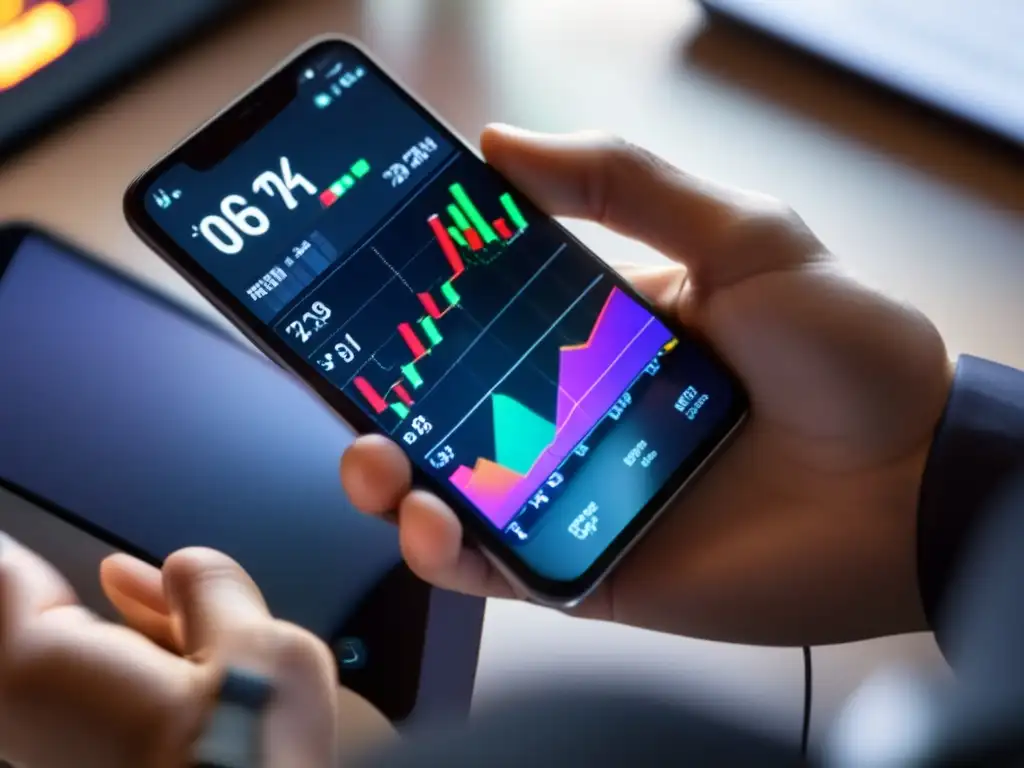 Mano sosteniendo smartphone con app de trading Persona usando app de trading en smartphone - Estrategias de inversión en juegos
