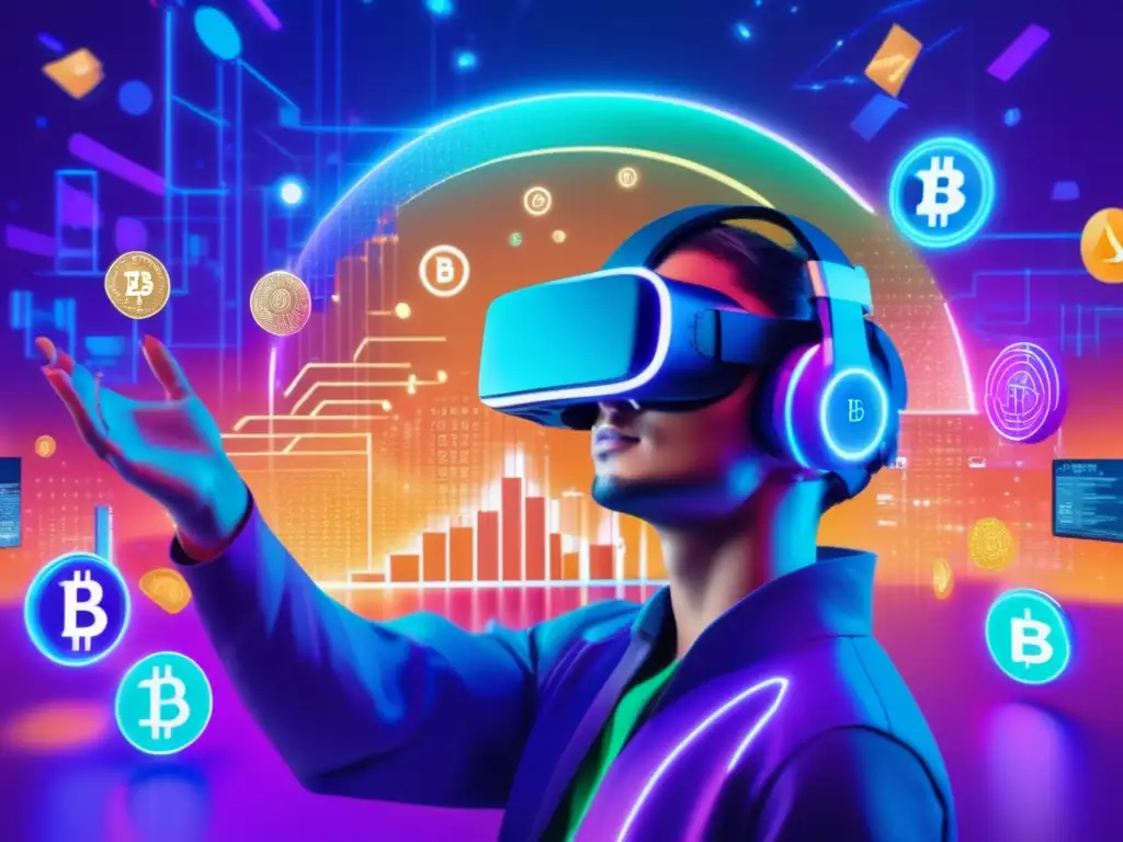 Inmersión en criptomonedas Persona usando auriculares de realidad virtual rodeada de símbolos de criptomonedas, gráficos y colores vibrantes