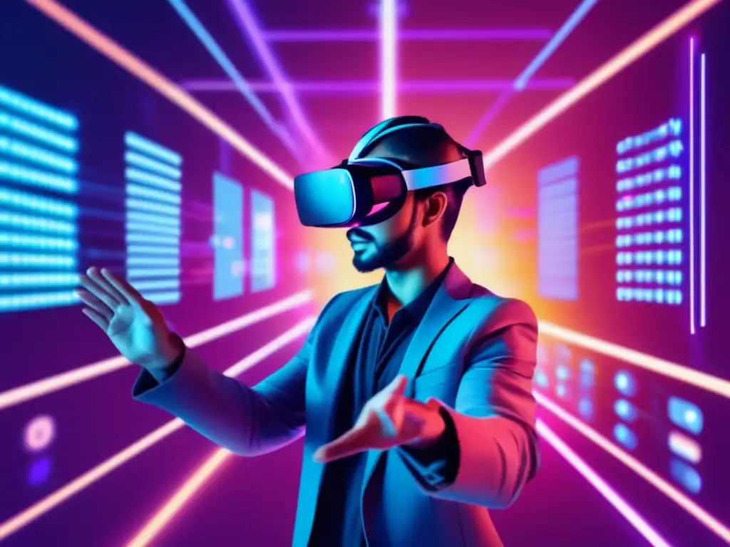 Persona interactuando con contratos inteligentes en realidad virtual Persona en auriculares de realidad virtual interactuando con pantallas de código y símbolos de contratos inteligentes