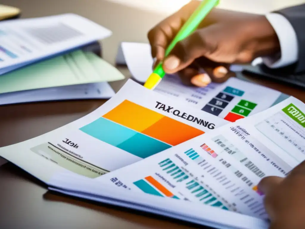 Gestión profesional de beneficios y impuestos en crowdlending Persona contando beneficios e impuestos en crowdlending con documentos y calculadora