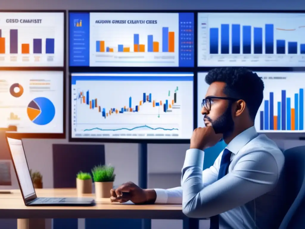 Experto en inversión: Mantén la calma Persona calmada en ambiente profesional con gráficos financieros y libros