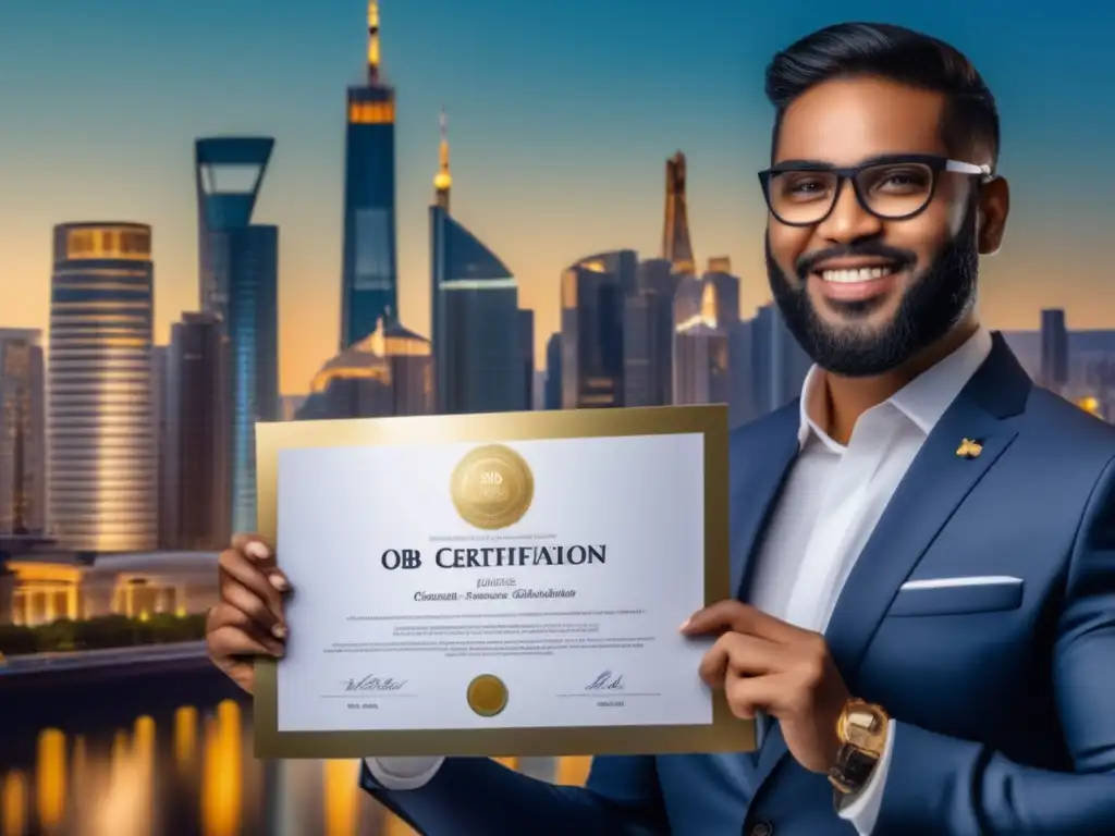 Persona exitosa con certificado y ciudad financiera Persona con certificado de diversificación financiera en una ciudad moderna - Cursos de diversificación financiera para inversiones exitosas