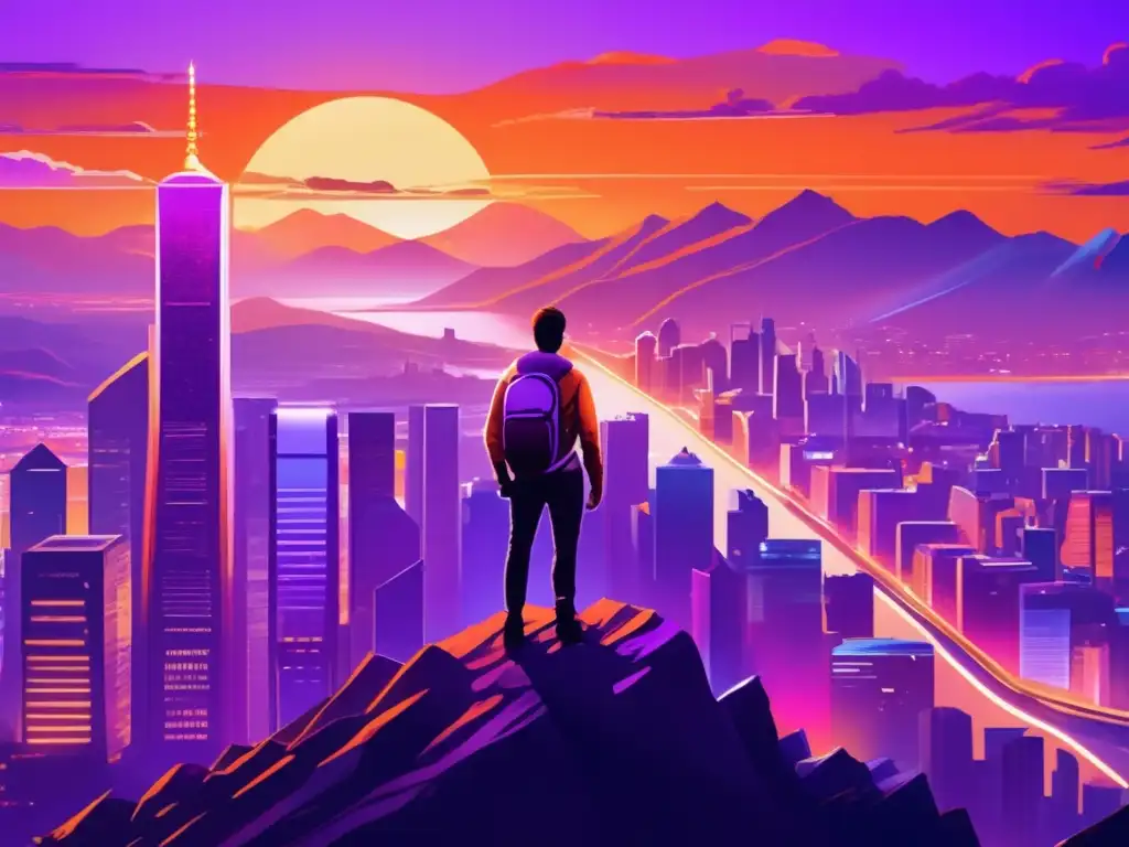Éxito financiero en una ciudad vibrante Persona en cima montaña con bandera