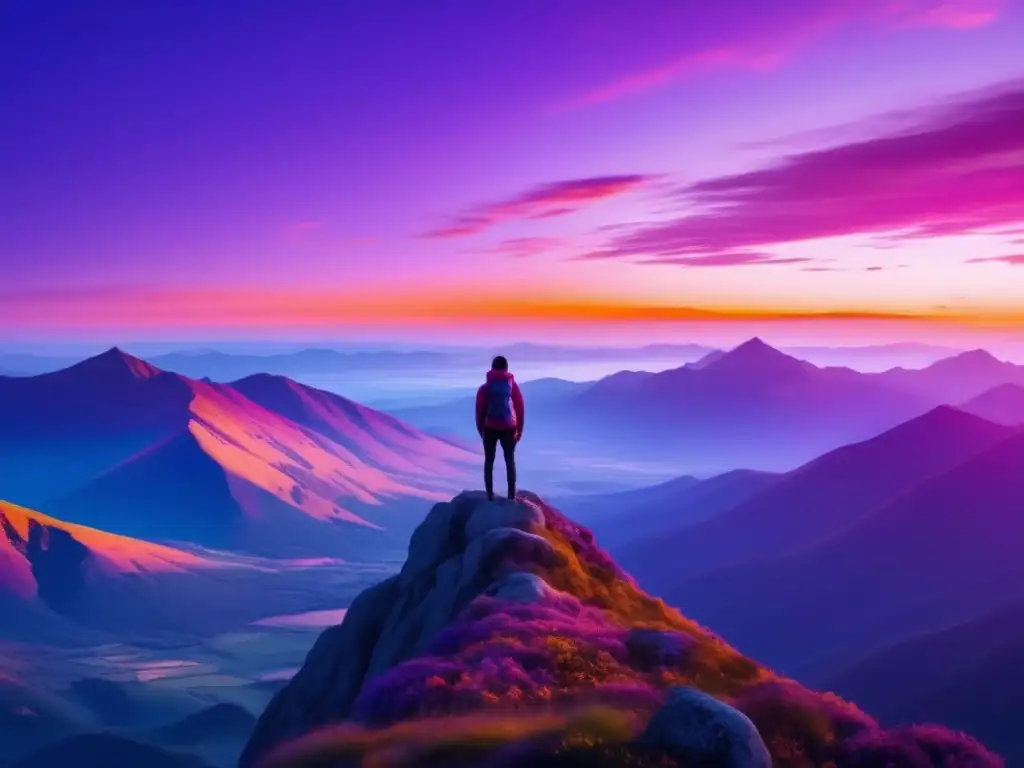 Superación y confianza en la cima Persona en la cima de una montaña, vista panorámica de paisaje sereno