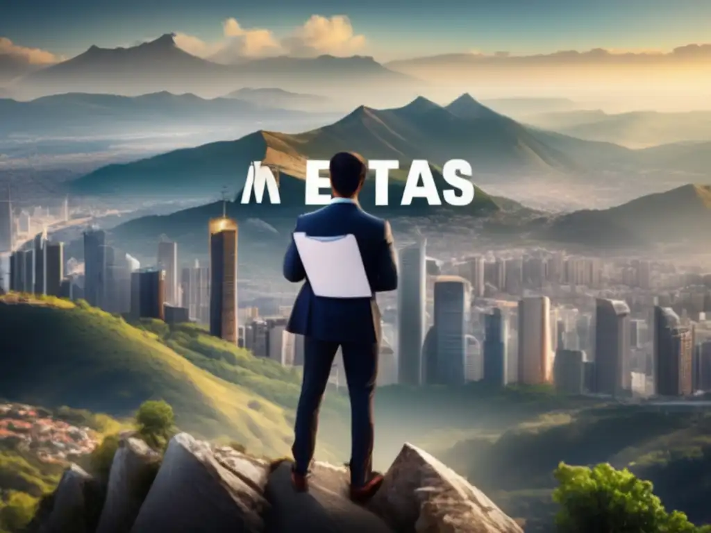 Éxito y metas: Determinación en la cima Persona en la cima de una montaña con vista a la ciudad, enfocada en metas a corto, mediano y largo plazo en inversión