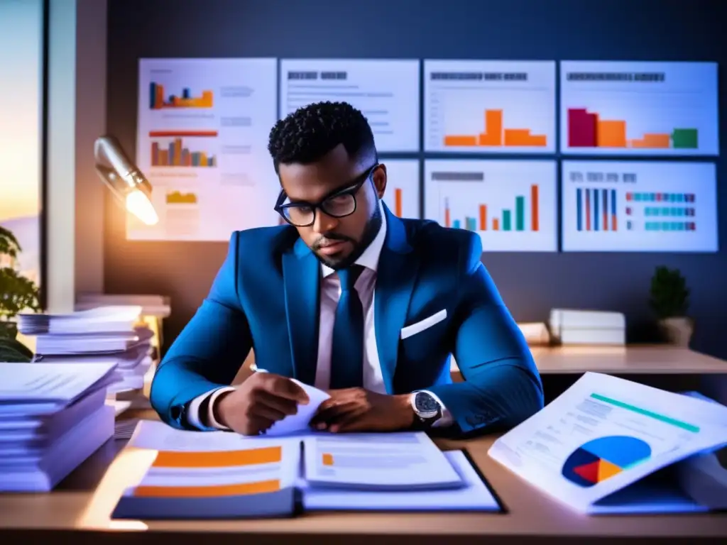 Persona estudiando estrategias e inversiones Persona concentrada en estudio de inversiones, rodeada de documentos y gráficos financieros