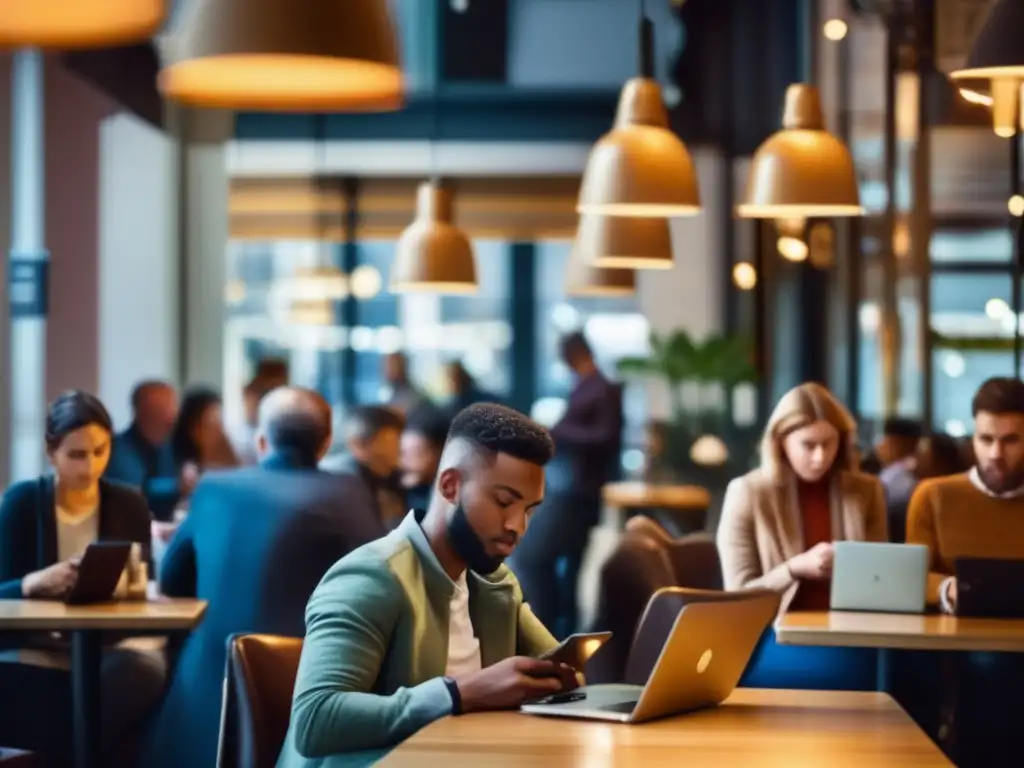 Persona concentrada en café con Wi-Fi público Persona concentrada en laptop en café con WiFi público: Riesgos WiFi público inversiones