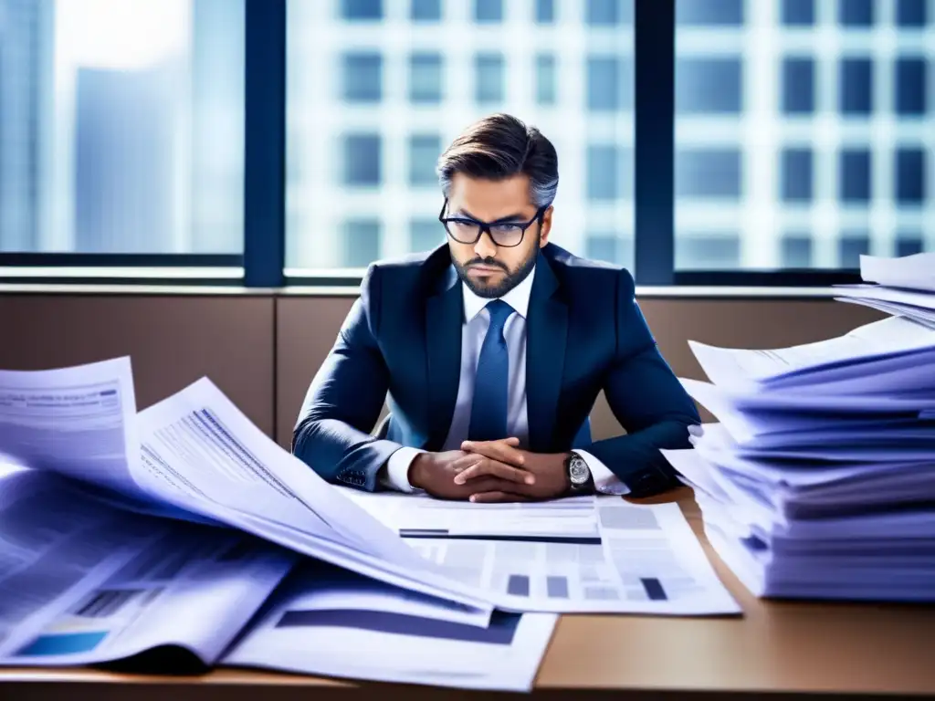 Persona concentrada en oficina llena de noticias Persona concentrada en oficina rodeada de noticias financieras y datos de mercado