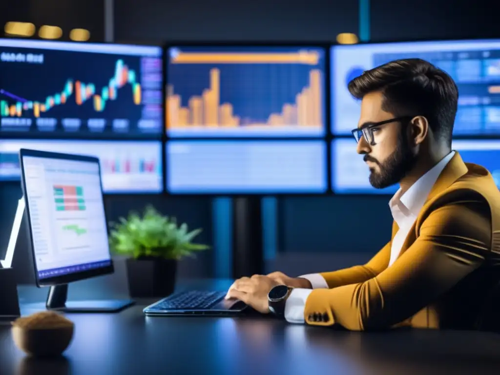 Trabajador enfocado en criptomonedas Persona trabajando en criptomonedas, enfocada en elegir plataformas confiables