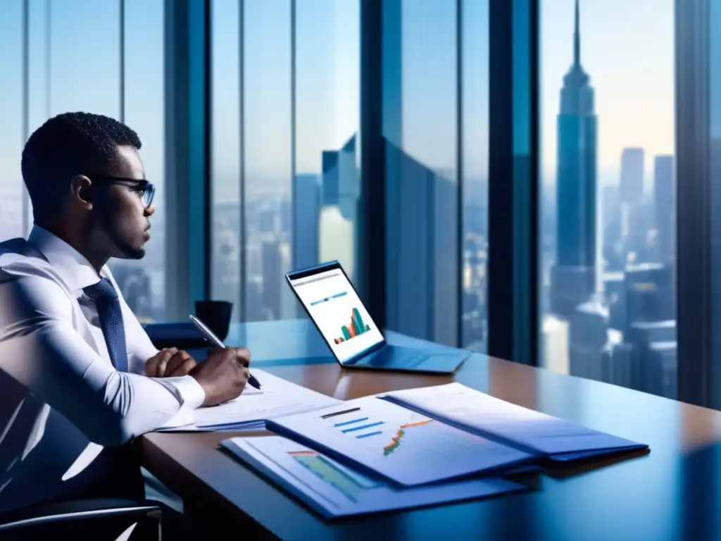 Analista financiero concentrado en gráficos y datos Persona analizando datos financieros en una oficina con vista a la ciudad