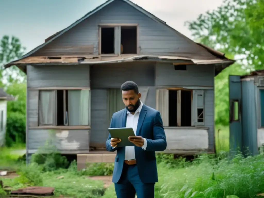 Experto analizando mercado y propiedades Persona analizando datos de mercado frente a casa en ruinas, con errores fatales en flipping inversión