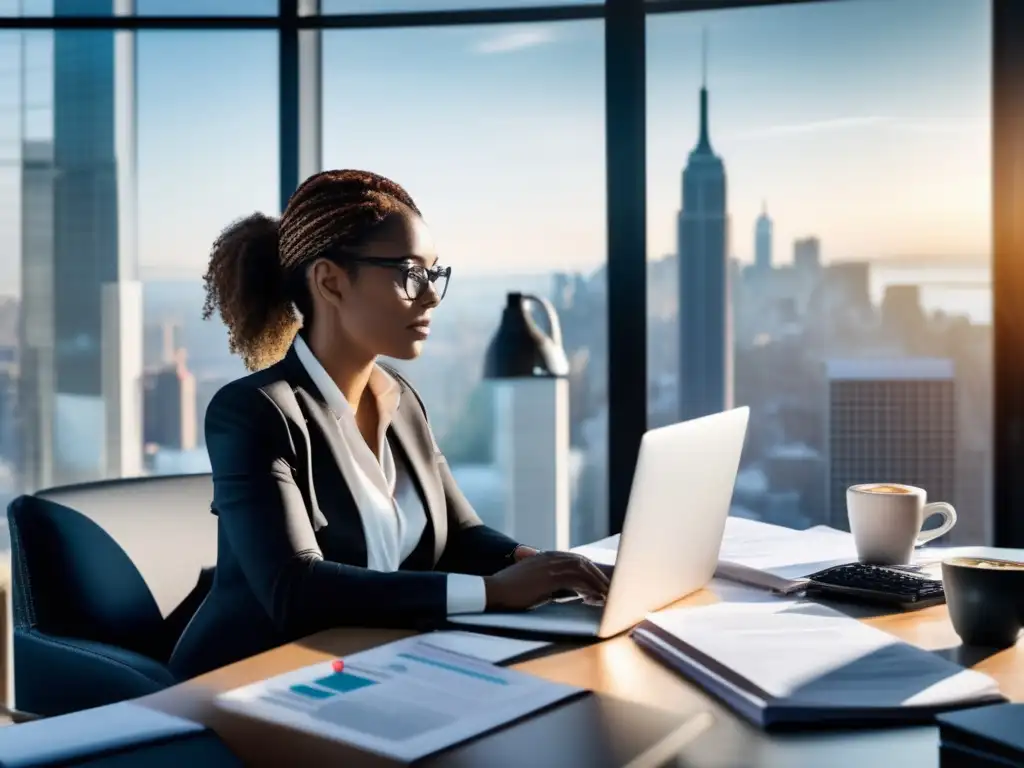 Profesionalidad en análisis financiero Persona analizando datos en una oficina moderna