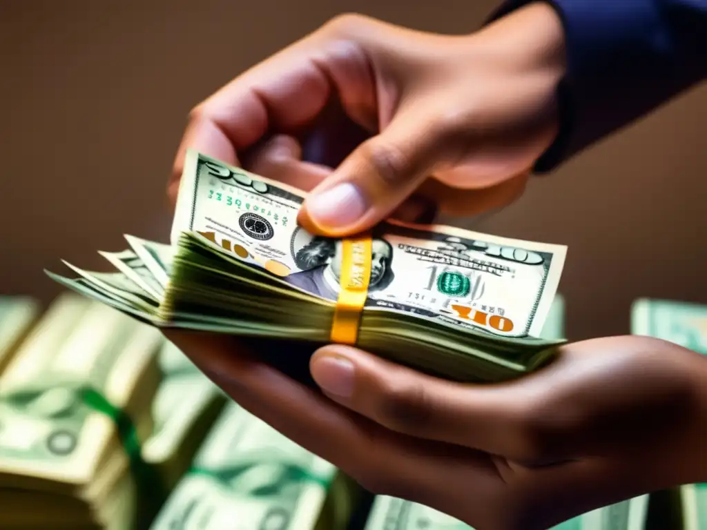 Mano sosteniendo dinero en moderna oficina Persona sosteniendo dinero, con detalles vibrantes y alta calidad