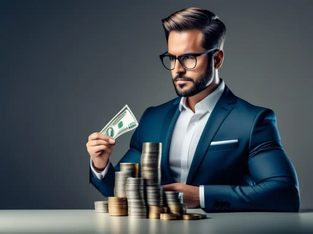 Personaje examina dinero con lupa Persona examina dinero, busca maximizar ROI
