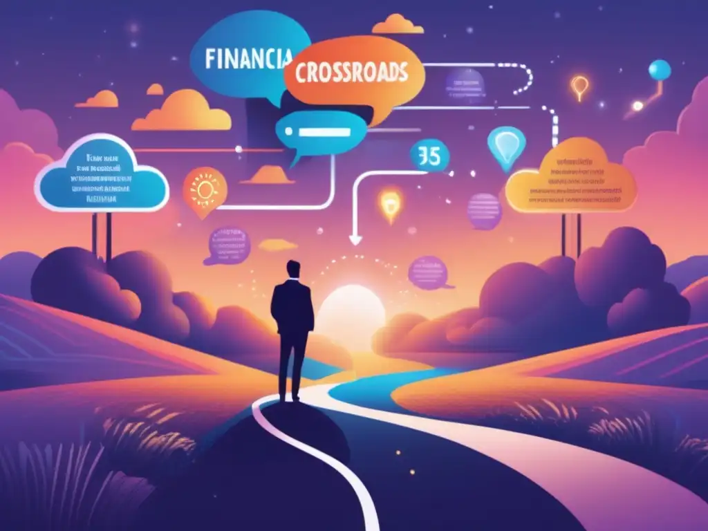 Elección financiera: camino brillante vs oscuro Persona en encrucijada financiera, con creencias limitantes en inversiones