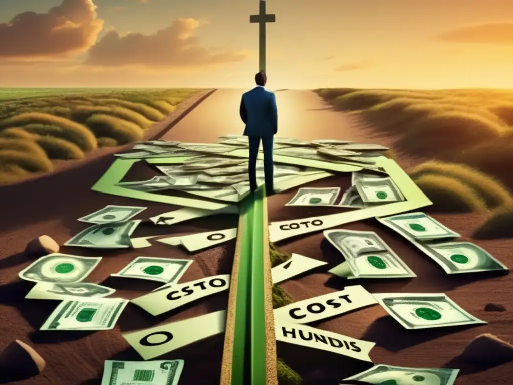 Dilema financiero: costo hundido vs futuro brillante Persona en encrucijada: evitar trampa del costo hundido, elegir futuro próspero, decisión informada