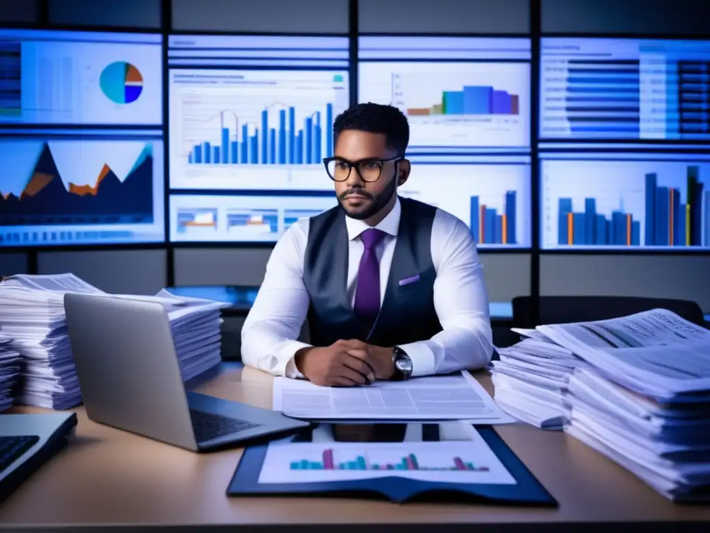 Persona analizando noticias financieras Persona enfocada en análisis objetivo, rodeada de noticias y gráficos financieros, simbolizando resiliencia financiera