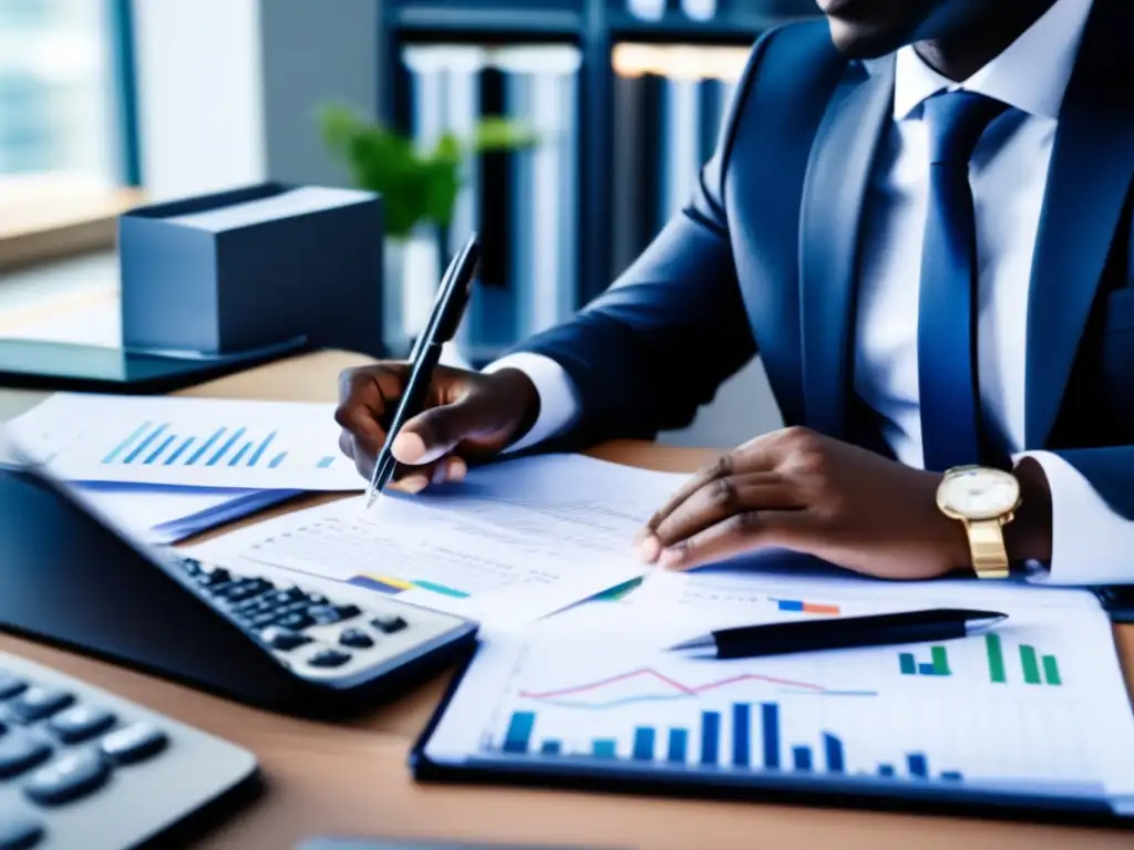 Persona analizando informes financieros Persona enfocada analizando informes financieros con precisión