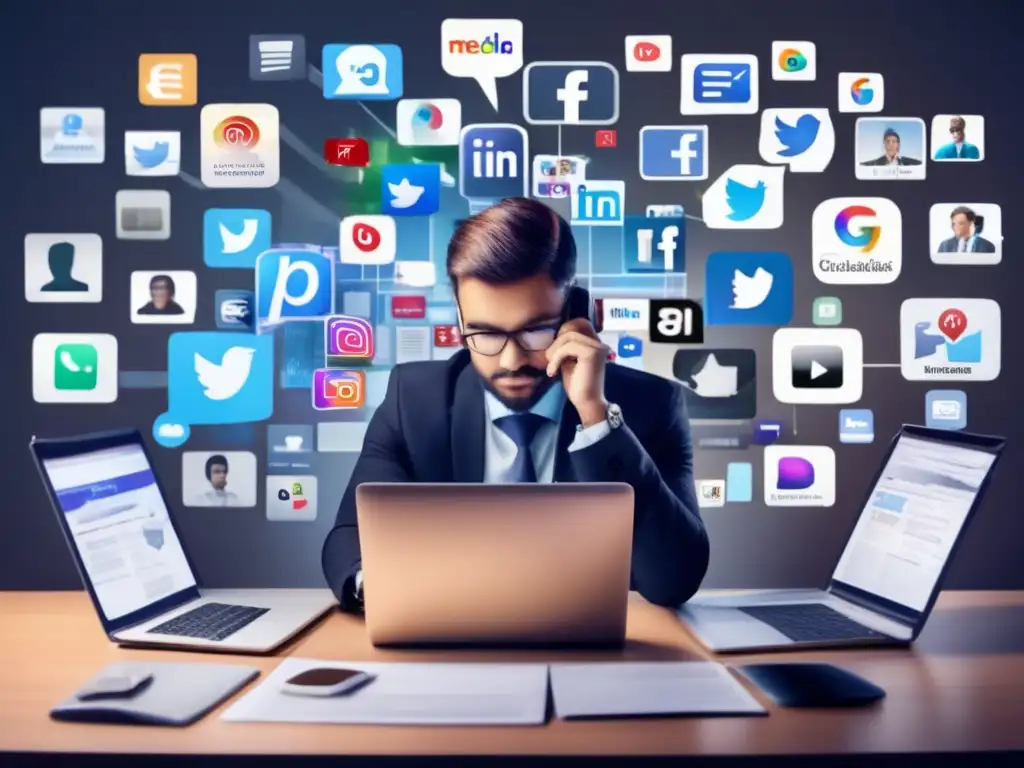 Profesional analizando información Persona enfocada en múltiples pantallas de redes sociales y noticias, verificando información - Influencia de las redes sociales en inversores
