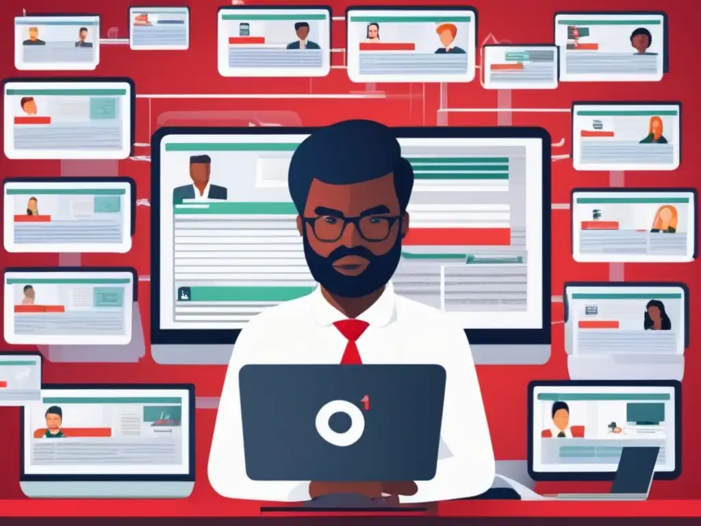 Analista de ciberseguridad en acción Persona enfocada en seguridad transacciones online, analizando correos y enlaces sospechosos en múltiples pantallas de computadora