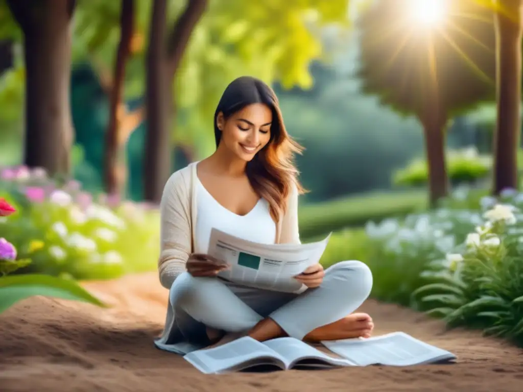 Inversor sereno rodeado de naturaleza y gráficos financieros Persona en entorno tranquilo, rodeada de naturaleza, leyendo noticias financieras
