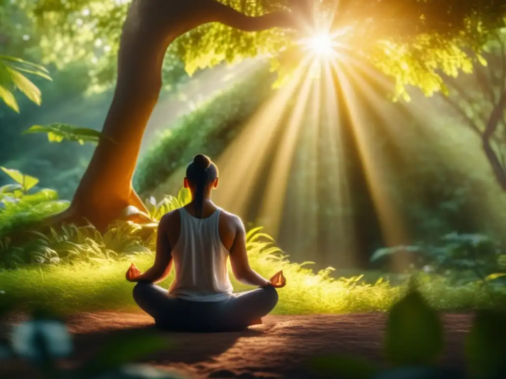 Meditación serena en la naturaleza Persona meditando en entorno tranquilo y verde