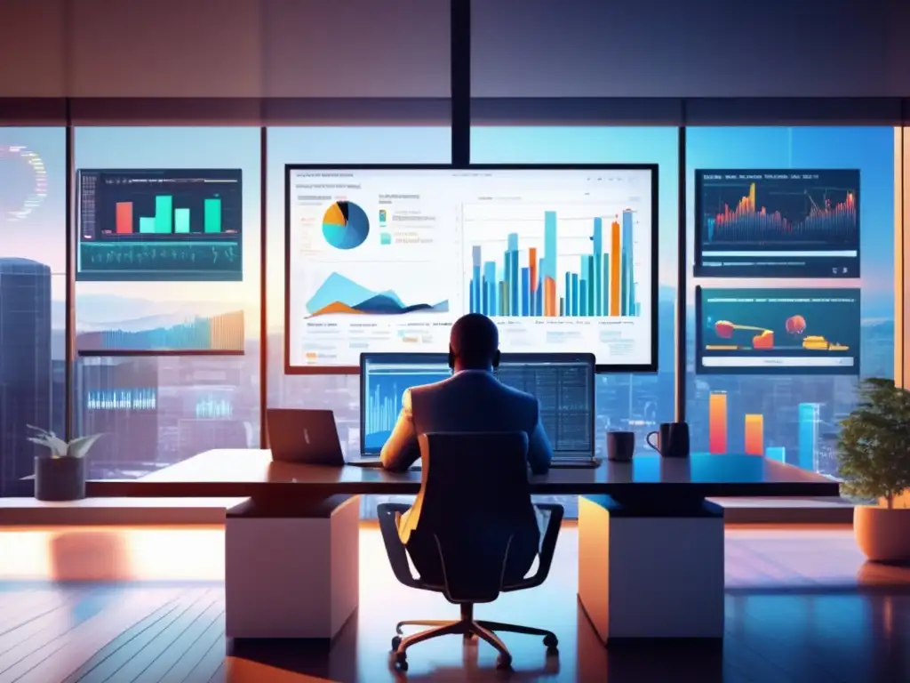 Persona en escritorio 8K con gráficos financieros Persona en escritorio moderno, rodeada de gráficos financieros en múltiples pantallas, pensando en inversión pasiva vs activa