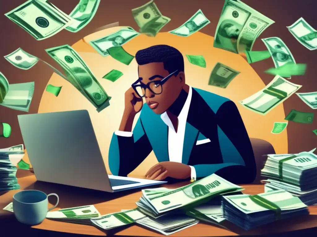 Persona en un escritorio con dinero y documentos financieros Persona en escritorio rodeada de dinero y documentos financieros, tratando de identificar estafas de inversión