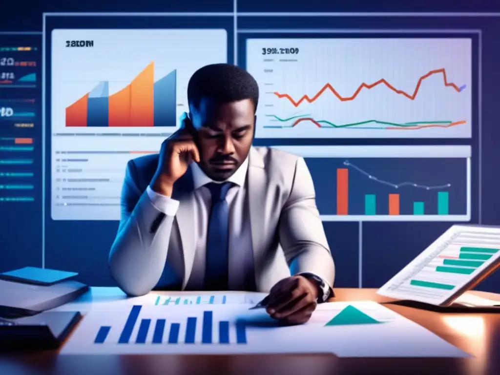Persona analizando datos financieros Persona en escritorio, rodeada de gráficos y datos financieros, reflejando la psicología de las inversiones