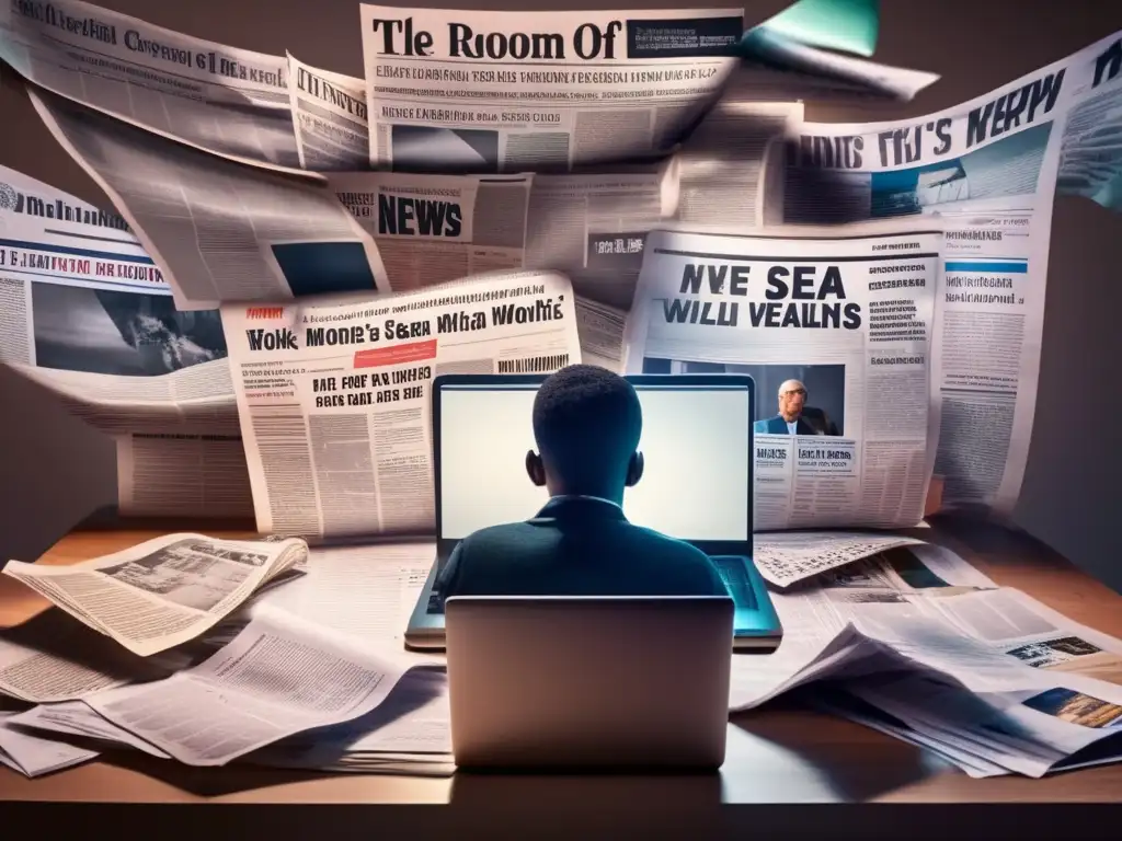 Desafío de noticias falsas en inversiones Persona en su escritorio, rodeada de recortes de periódicos y artículos, navegando por noticias falsas en su laptop