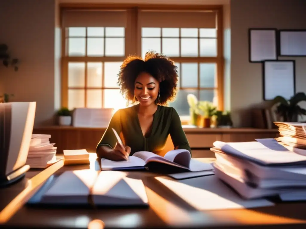 Persona exitosa rodeada de documentos y expresiones de gratitud Persona exitosa y agradecida en entorno financiero, símbolo de la psicología del inversor exitoso y gratitud