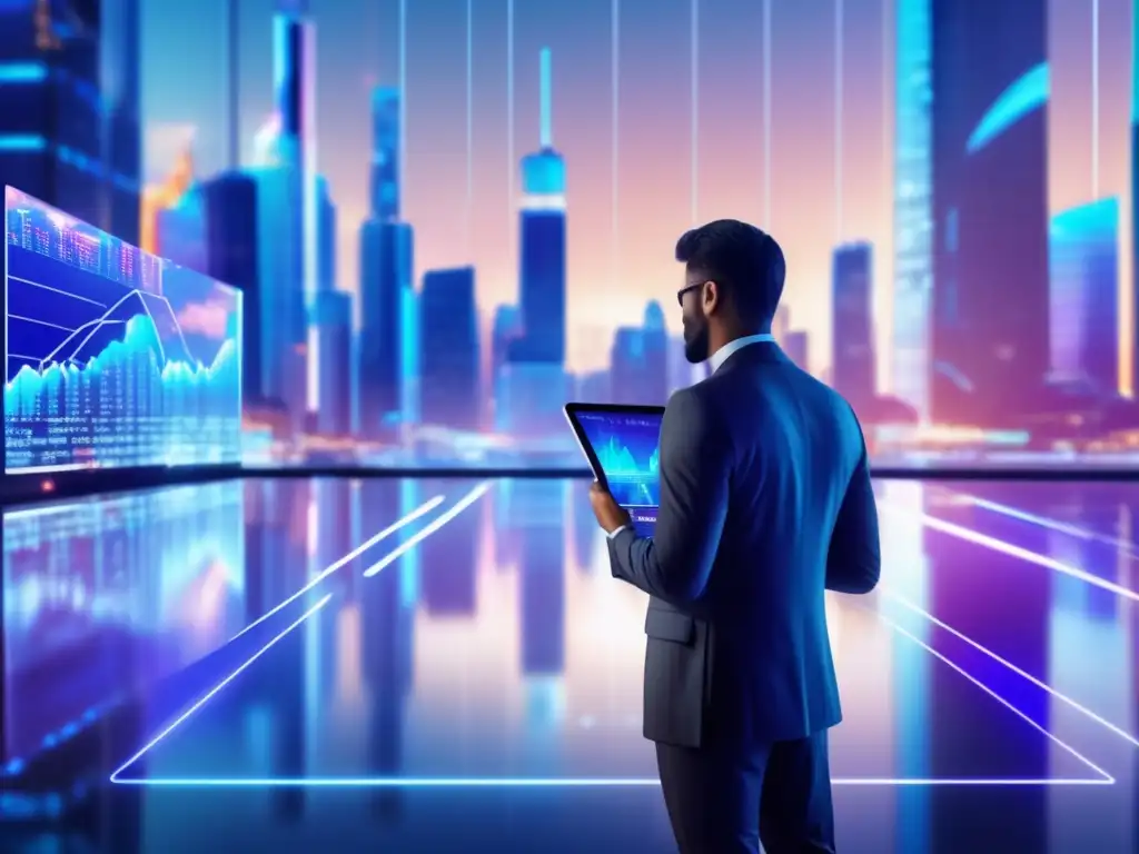 Futuro financiero: persona en ciudad holográfica Persona exitosa en ciudad futurista, con datos financieros y gráficos holográficos