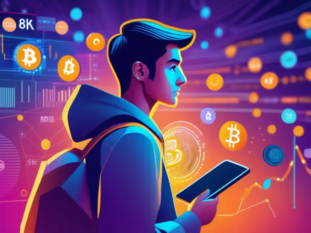 Persona confundida frente a gráficos de criptomonedas Persona frente a gráficos criptográficos, reflejando la complejidad de las finanzas - Errores financieros comunes evitar