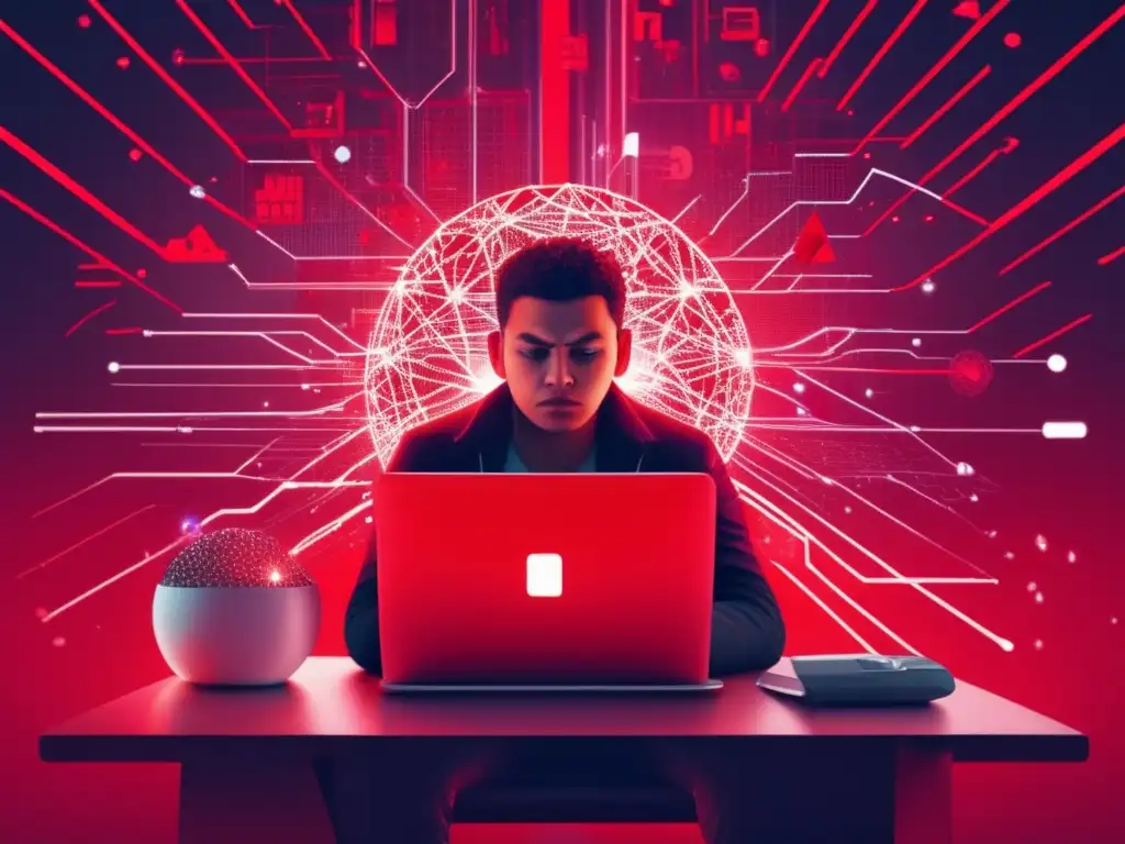 Persona preocupada frente a fraude online Persona frustrada en computadora, rodeada de paisaje digital de fraude online