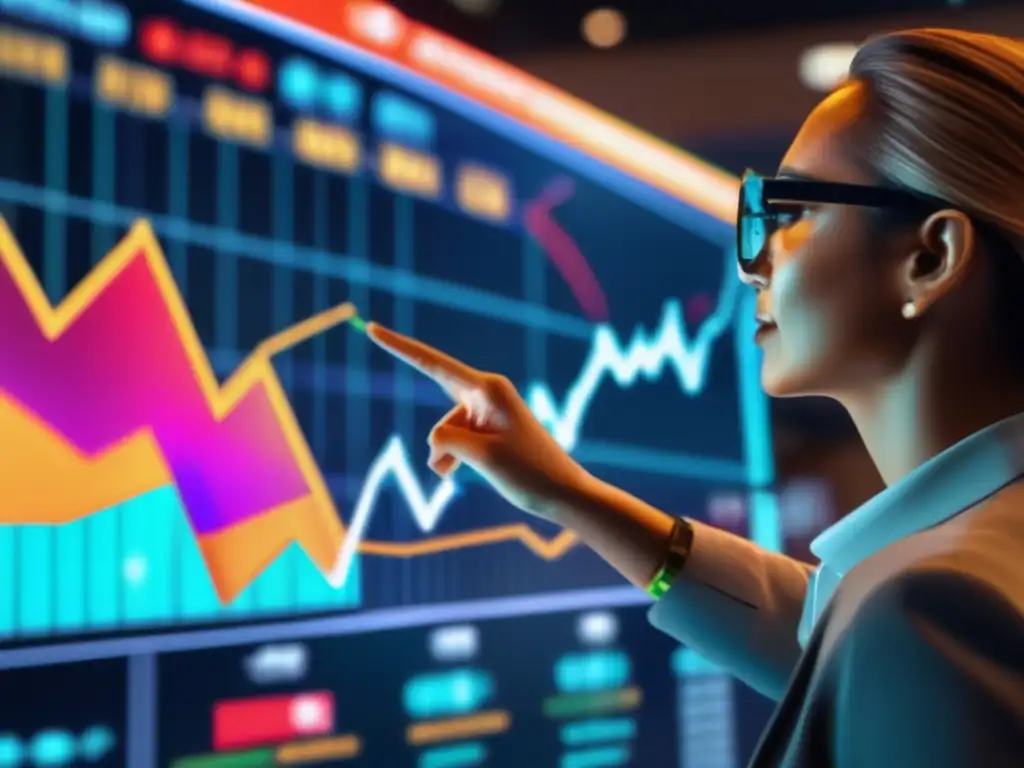 Persona determinada frente a gráfico bursátil Persona señalando gráfico bursátil con brújula, evitando sesgos cognitivos en inversión