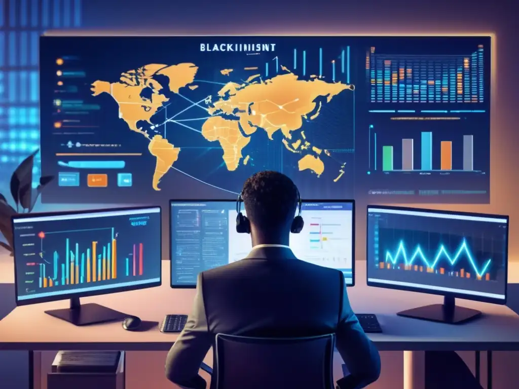 Persona analizando datos de inversión en blockchain Persona analizando gráficos de blockchain en escritorio moderno - Guía básica de Blockchain para inversionistas