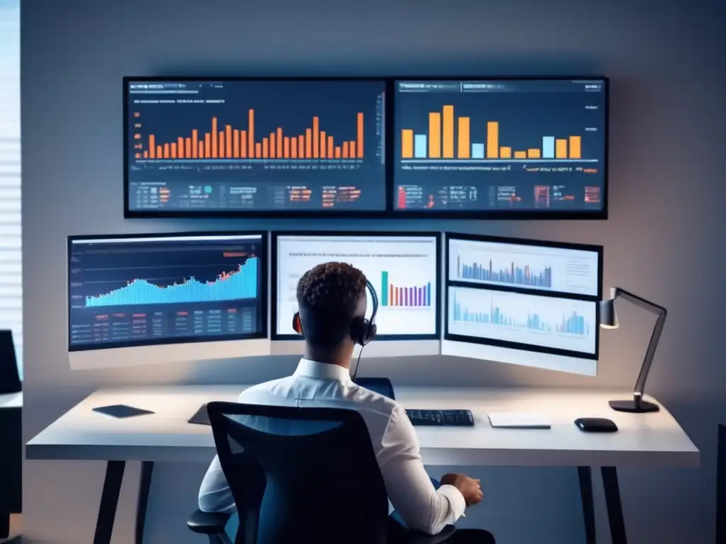 Persona analizando datos financieros en oficina moderna Persona analizando gráficos y datos financieros en una oficina moderna, reflejando la psicología del inversionista en mercados financieros