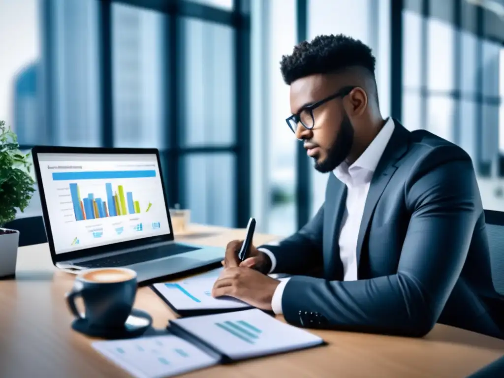 Profesional analizando gráficos financieros Persona analizando gráficos financieros de crowdlending en escritorio moderno - Errores crowdlending evitar inversión