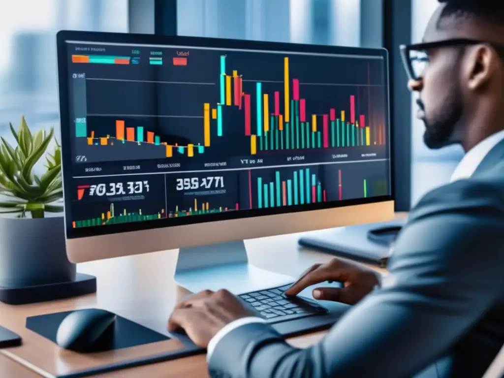 Análisis de gráficos de mercado Persona analizando gráficos de mercado en una oficina moderna con