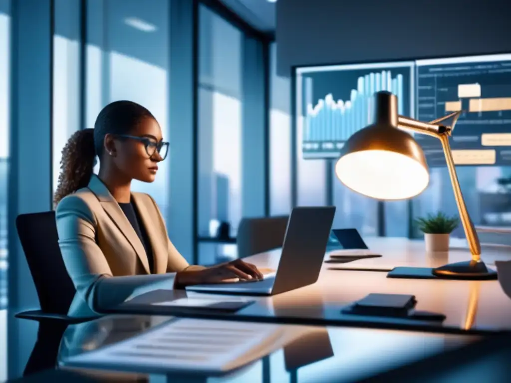 Persona concentrada analizando informes financieros Persona leyendo informes financieros con libros y vista de la ciudad (Técnicas para contrarrestar sesgo intuitivo inversiones)