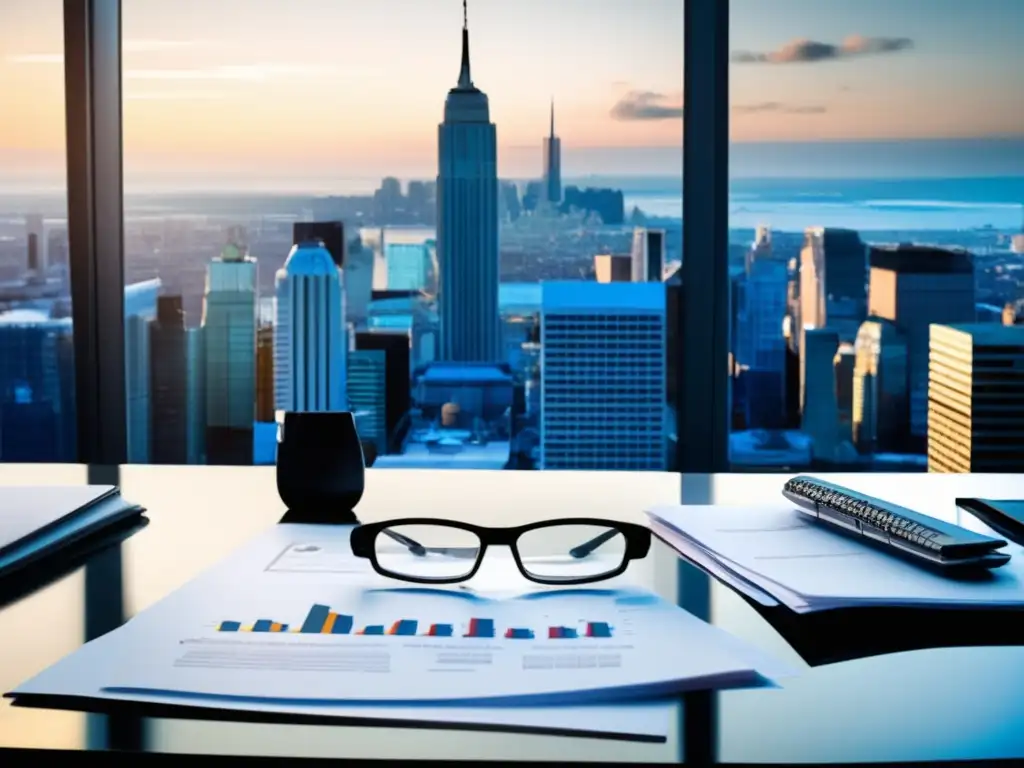 Oficina moderna con escritorio de vidrio y vista panorámica de la ciudad Persona leyendo informes financieros eficientemente en una oficina moderna