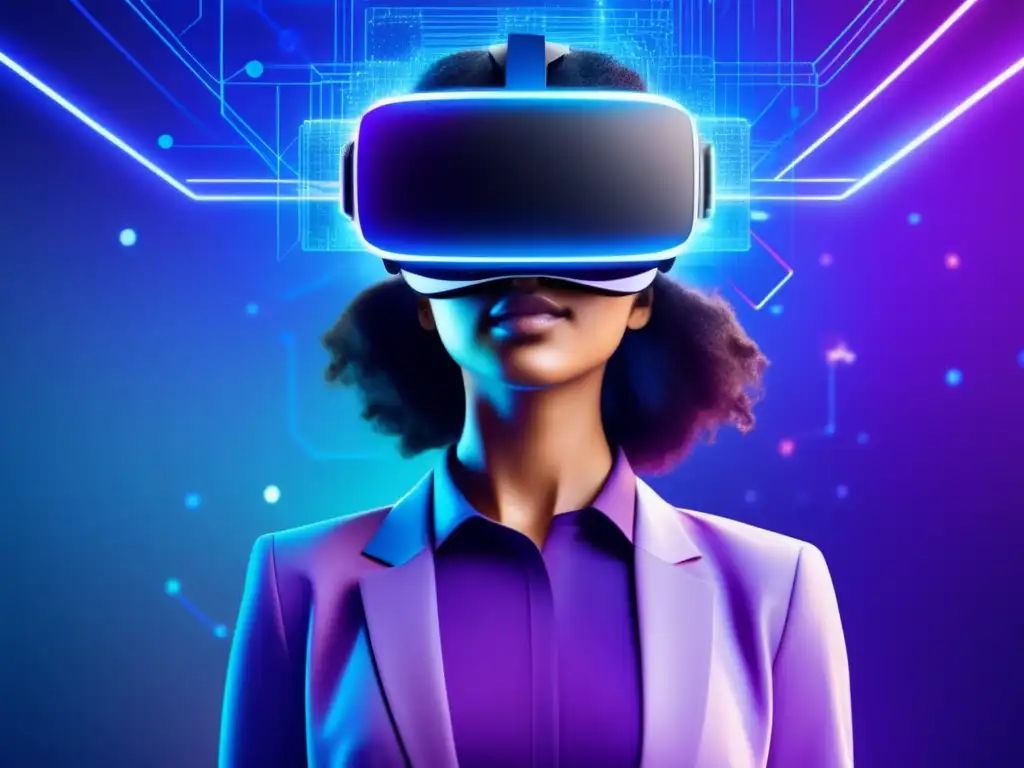 Persona inmersa en un mundo virtual blockchain Persona inmersa en mundo virtual blockchain, con VR y bloques interconectados