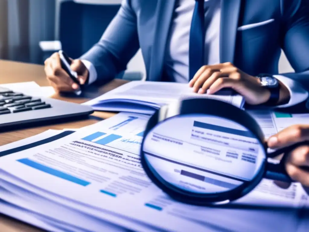 Analista financiero concentrado en la oficina Persona leyendo periódico con lupa en oficina moderna, rodeada de documentos y gráficos