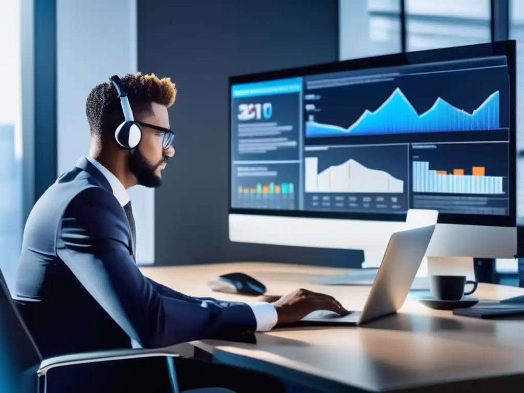 Profesional analizando noticias y gráficos Persona analizando noticias y gráficos financieros en una oficina moderna y minimalista