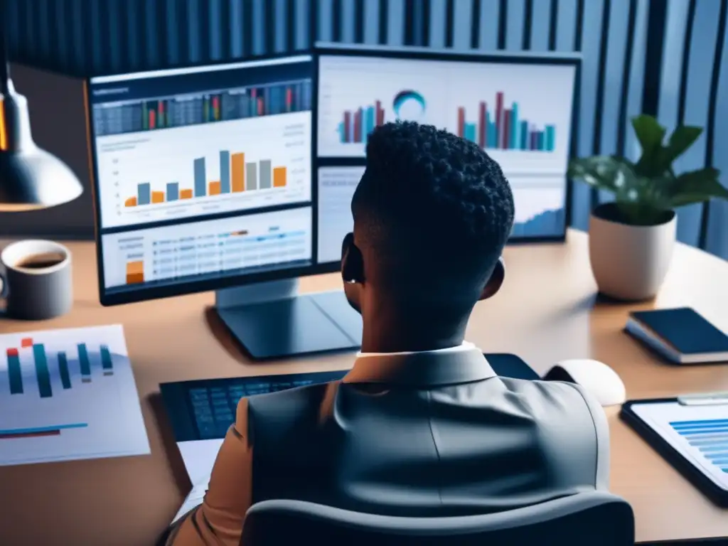 Persona analizando datos financieros en escritorio Persona en oficina con gráficos y reportes financieros