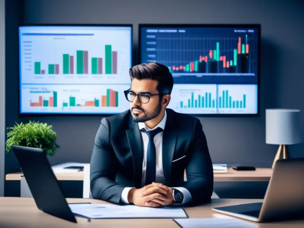Profesional pensando en decisiones financieras Persona en oficina moderna, pensando en decisiones financieras con sesgo de atribución