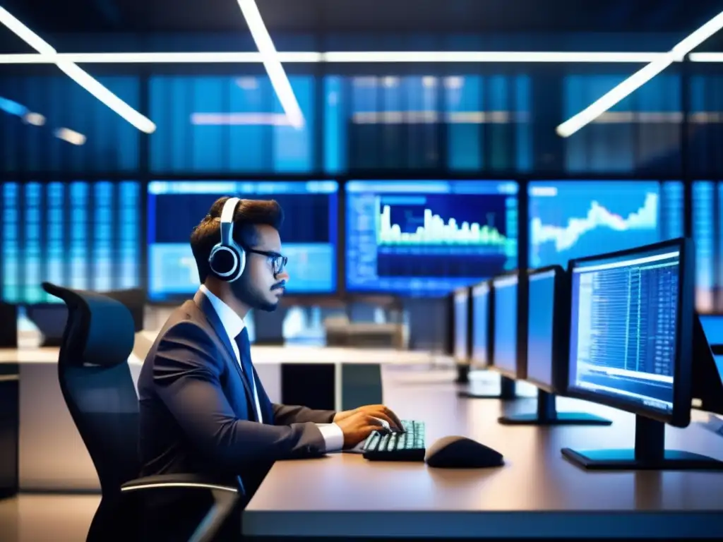 Trader concentrado en oficina moderna Persona en oficina moderna, dominando emociones en la bolsa